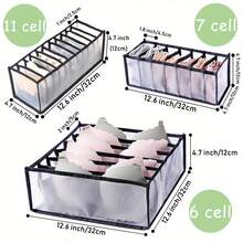 3pcs Space-Saving Bra Organizers - Versatile Closet Drawer Dividers For Lingerie, Socks & Accessories - Durable Foldable Nylon Storage Solution With 6/ 7/ 11 Cell Compartments - Transparent Black Accessory Clear Visibility Storage - 黑色 - 查看 5