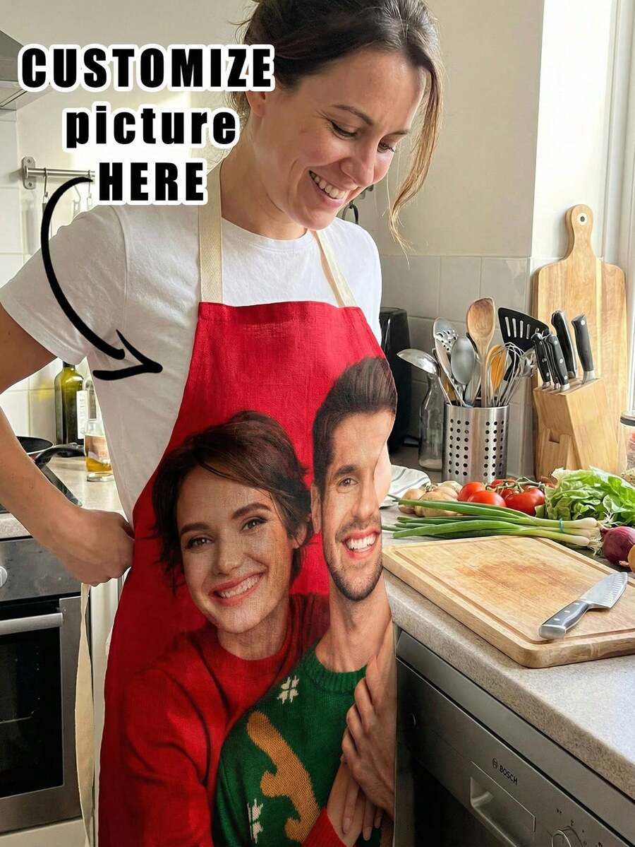 1 pieza Delantal de lino con foto personalizada impresa para hombres, mujeres, chefs, cocina, personalizado con fotos de mascotas, logotipos para el Día del Padre, San Valentín, Día de la Madre, cumpleaños, aniversario, graduación, boda, personalizado, único, regalo ideal para él, ella, aniversarios, San Valentín, Día de la Madre, cumpleaños, Día del Niño, para el Día del Padre, decoración de otoño, amor eterno - Multicolor - Ver 1