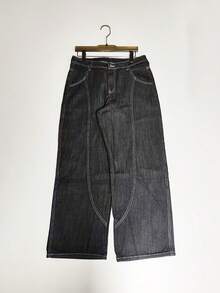 1 pieza Jeans de pierna ancha con ajuste holgado y cómodo, parche con bandera estadounidense, unisex