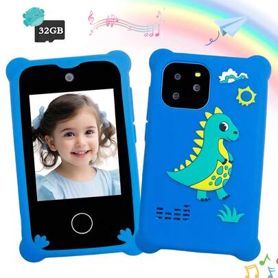 适合3-10岁儿童的智能手机玩具，圣诞节生日礼物，恐龙主题幼儿玩具，男女童皆宜，2.8英寸触摸屏双摄像头儿童手机，含游戏和屏幕保护膜