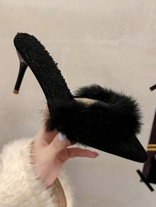 女士纯色高跟穆勒鞋，时尚保暖毛绒套脚尖头无后跟乐福鞋，秋冬新款百搭小猫跟鞋，性感优雅礼服鞋 - 黑色 - 查看 3