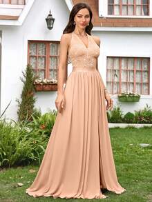 Đầm voan chiffon đính sequin hở lưng, họa tiết hoa ren, xếp ly, thích hợp cho mùa hè, tiệc tùng trang trọng, đám cưới mùa xuân. - Rượu sâm banh - Xem 6