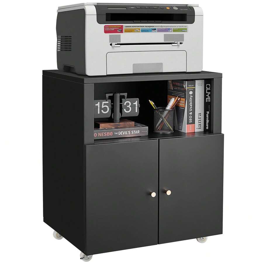 Techigher Metal Printer Stand, Printer Cabinet With Storage, Mobile Printer Table With Wheels & 2 Door, Metal File Cabinet For Home Office Small Spaces - Black -4 Compartment - View 1