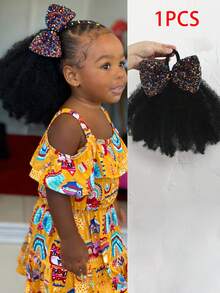  1pc Synthetic Natural Black Hair With Bow Clip Kids Exploding Curl Ponytails For Halloween & Daily Wear - Black - View 12
