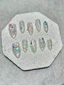 10片夏季彩色糖果手工美甲极简主义极光3D浮雕蝴蝶杏仁假指甲美甲用品（1片果冻贴纸+1个指甲锉） - 白色 - 查看 12