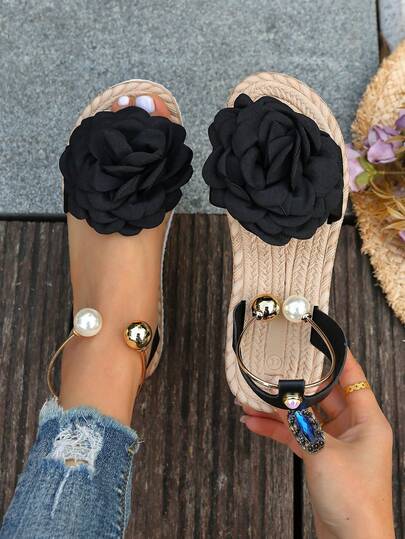 Sandalias bohemias florales de tacón bajo suaves y cómodas, zapatos planos versátiles de suela plana y fácil de poner para mujer