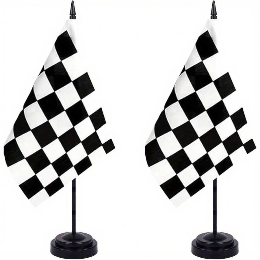 2/4 pezzi Set da scrivania con bandiere da corsa a scacchi bianche e nere di lusso - Piccole bandiere da ufficio per auto da corsa con base in asta nera solida - Multicolore - Visualizzare 1