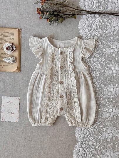 Rompertje van puur katoen met bloemen- en opengewerkt patroon voor pasgeboren baby meisjes, lente/zomer