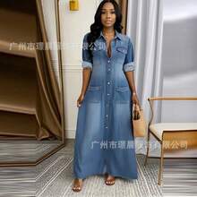 Fashion Women's Versatile Women's Lapel Washing Splicing Pocket Casual Dress - 藍色 - 查看 6