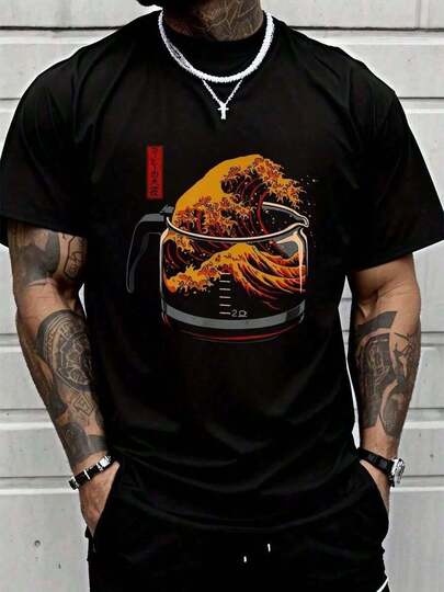 100% Algodón Camiseta La Gran Ola de Café - Unisex-Adultos, Negra, Pequeña Camiseta de Verano de Manga Corta para Hombre OFVJ