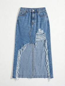 Women's High Waisted Asymmetrical Distressed Denim Skirt - Ripped High Low Frayed Hem Jean Skirt Streetwear Aesthetic - Rửa trung bình - Xem 3
