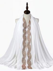 1 Peça Lenço Elegante e Luxuoso, Lenço Muçulmano Chiffon com Renda de Lantejoulas Pesada para Mulheres, Vestido Abaya, Casamento e Acessórios Nupciais - Branco - Visão 5