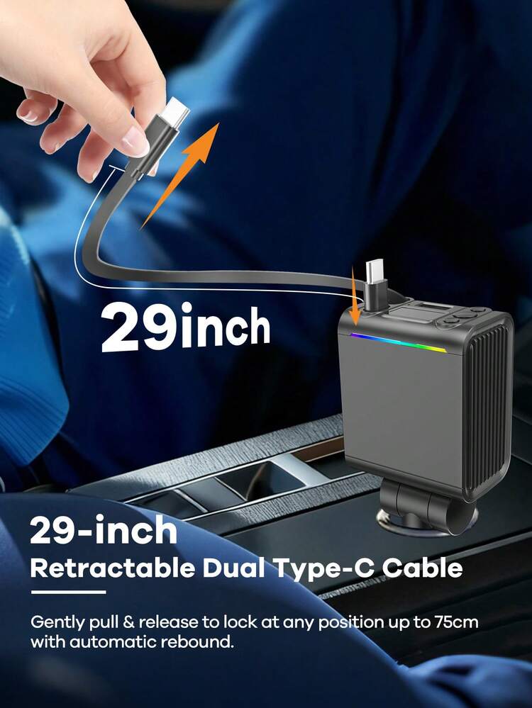 REMAX 带 RGB 灯效和 29 英寸可伸缩线缆的蓝牙车载充电器；支持 PD 30W 快充；蓝牙 5.3，支持免提通话/音乐播放；自动重连；Type-C 接口，兼容苹果/安卓手机；车载配件；汽车用品；旅行必备 - C88 - 查看 2