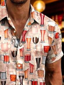 Hawaiian Beer Print Plus Size Men Short Sleeve Button Pocket Shirt - Multicolor - View 4