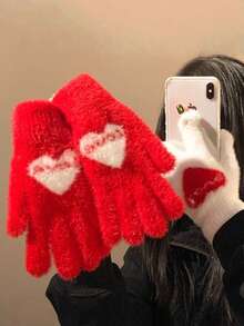 1/2 pary jesienno-zimowych rękawiczek dla par z serduszkowym wzorem, podszewka ze sztucznego futra, otwarty krój na dwa palce, ciepłe i wygodne, odpowiednie na codzienne aktywności, sport, jazdę na rowerze, spacery z psem, randki, modne, idealny prezent dla przyjaciół i rodziny na święta i okazje - Wielokolorowe - Zobacz 4