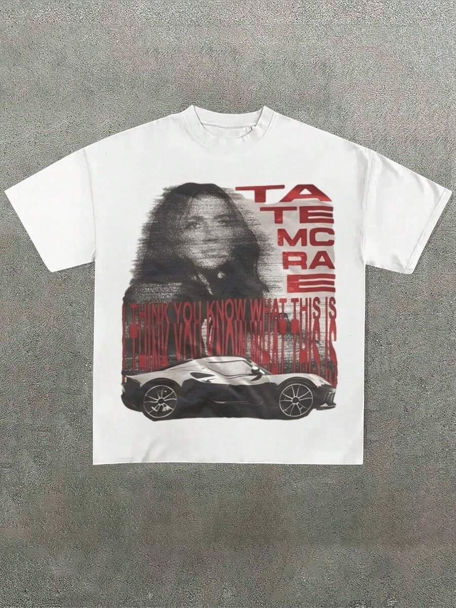 TATE MCRAE Portrait And Car Graphic White T - Shirt - White - View 1