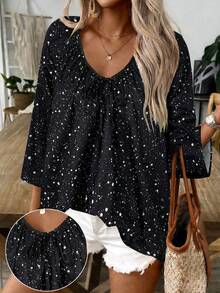 Women's Fashion Versatile Glitter Print 3/4 Sleeve Asymmetric Hem Blouse Vacation Spring - Black - View 2