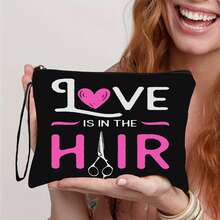 1 pieza Organizador de maquillaje de San Valentín con estampado lindo en negro, bolsa de cosméticos portátil para viajes, bolsa de maquillaje de gran capacidad para mujeres, bolsa de almacenamiento de productos de cuidado de la piel para llevar en la mano, adecuada para lápiz labial, cosméticos y cuidado de la piel, excelente para vacaciones, fiestas y uso diario - Negro - Ver 2