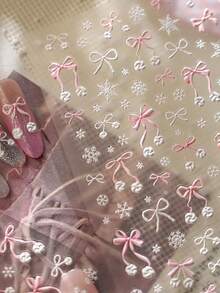 1件冬季粉色雪花蝴蝶结浮雕甜美丝带雪花水晶5D美甲贴纸浪漫冰霜美甲贴花自粘美甲装饰，适合女孩和女性