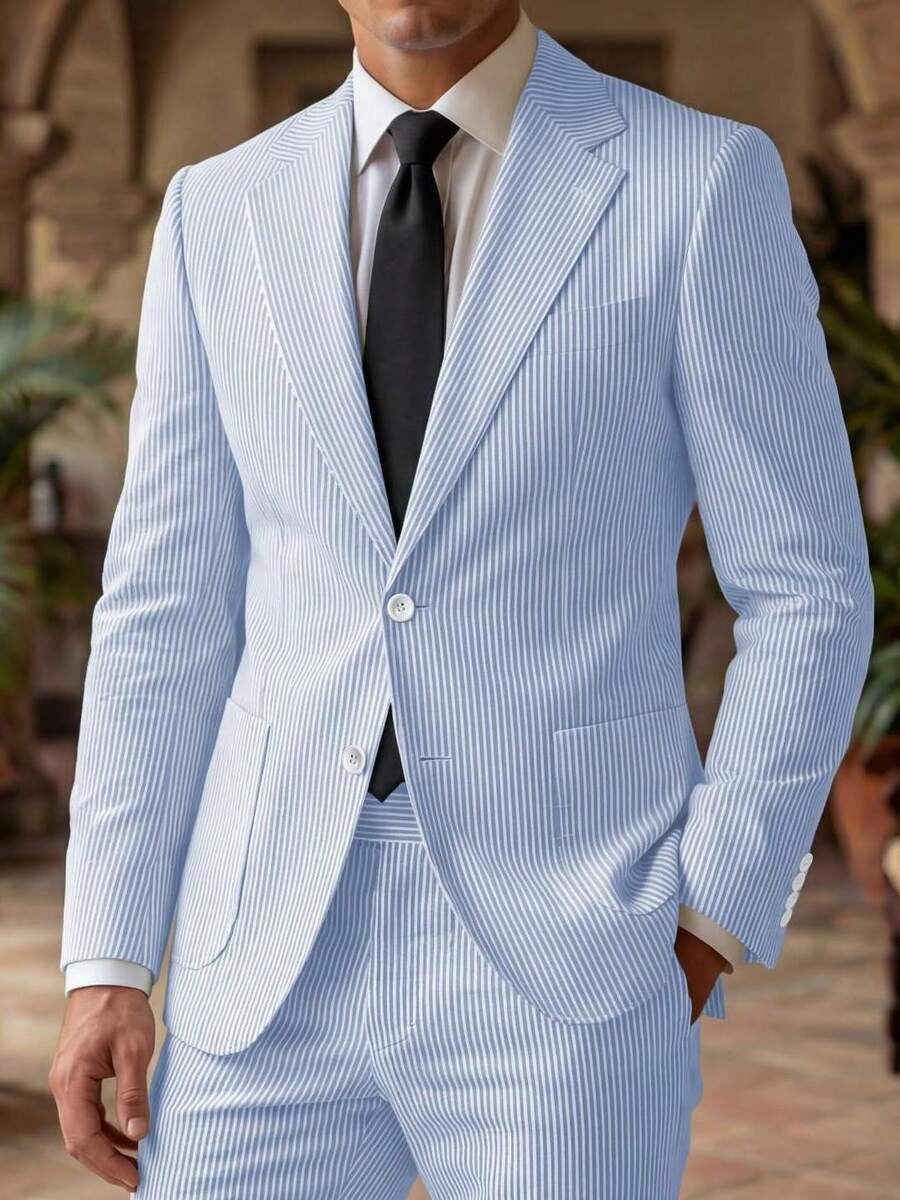 Seersucker Suit Men Pinstripe 2026 Summer Spring Lightweight Breathable 2 Piece Blazer Pants Set - 淺藍色 - 查看 1