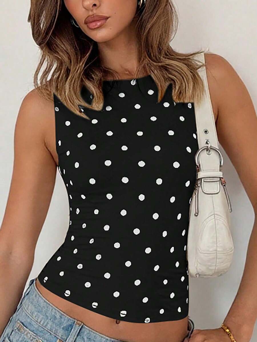 Women's Polka Dot Sleeveless Casual Tank Top, Sexy & Fashionable, Suitable For Street Style, Party, Nightclub Black Vacation - Black - View 1