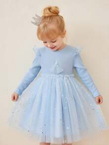 年轻女孩春秋卡通印花针织撞色网眼公主裙