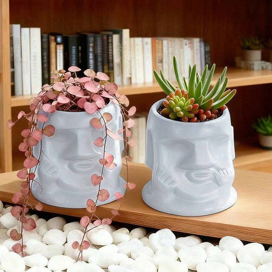 1个独特的摩艾石像花盆，室内多肉植物/植物盆栽，适用于阳台，家居装饰摆件 - 乔迁礼物