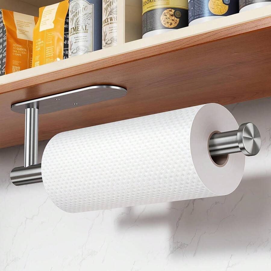Stainless Steel Paper Towel Holder, Black And Silver, Wall-Mounted Design, Self-Adhesive Or Drilled Installation, Suitable For Various Scenarios In Kitchen, Bathroom, Pantry, And Refrigerator, Car Wash, Durable And Sturdy - 銀色 - 查看 1