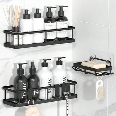 Shower Caddy Adhesive, Rustproof Shower Shelves For Inside Shower, Large Capacity Bathroom Organizers And Storage, Shower Storage With Removable Hooks, No Drill Bathroom Accessories Black