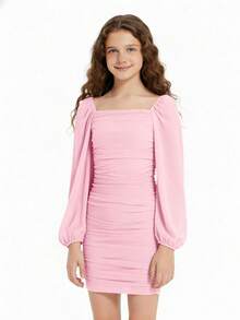 EXARUS Girls Ruched Bodycon Dress Teens Mesh Lantern Sleeve Party Dance Homecoming Tight Short Pencil Dresses - 75 màu hồng - Xem 1