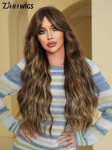 7JHH WIGS 优雅的30英寸超长蜜金色卷发假发，专为女性设计 - 蓬松的合成波浪假发，带有刘海，自然逼真的优质丝滑耐热纤维，金色挑染，适合日常佩戴、办公室或音乐节等场合，也是送给母亲的精美礼物。 - 挑染金色 - 查看 2