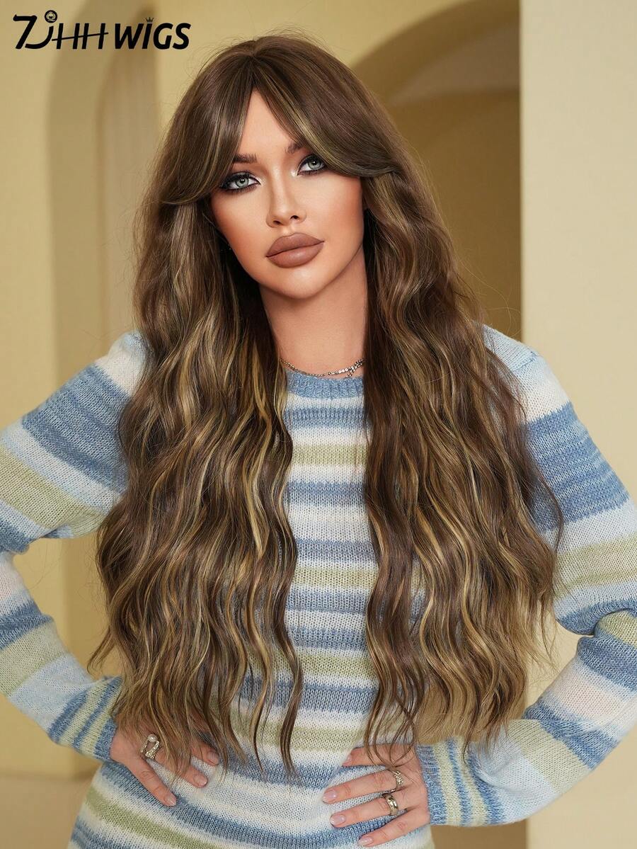 7JHH WIGS 优雅的30英寸超长蜜金色卷发假发，专为女性设计 - 蓬松的合成波浪假发，带有刘海，自然逼真的优质丝滑耐热纤维，金色挑染，适合日常佩戴、办公室或音乐节等场合，也是送给母亲的精美礼物。