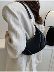 US-Based Fast Delivery | Minimalist Black Curved Hobo Bag - Soft Pu Leather Half-Moon Shoulder Bag With Gold-Tone Hardware, Adjustable Strap Crossbody Purse For Daily Outfits, Sleek Structured Design Elegant Handbag, Versatile Casual & Office Small Bag For Women,  Modern Minimalist Fashion Accessory - 黑色 - 查看 7