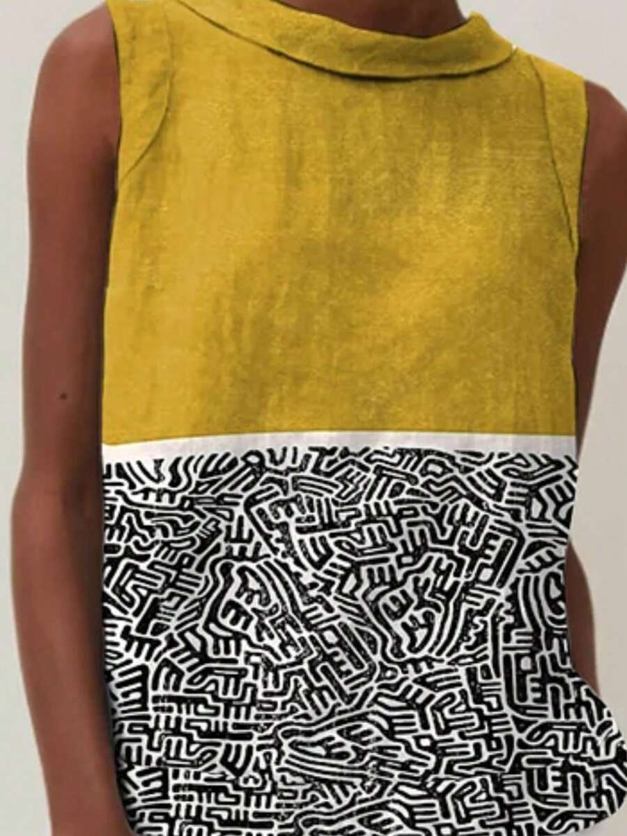 Women's Yellow Sleeveless Top: Retro Black White Maze Print Geometric Y2K Crop Blouse For Spring Festivals, Date Nights, Summer Style, Valentine's Day Gift. - Màu sắc hỗn hợp - Xem 1