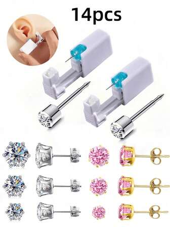 Set de 14 piezas para perforación de orejas, que incluye 2 pistolas de perforación de orejas + 6 aretes blancos + 6 aretes de circonita rosa, herramienta de perforación de bajo dolor con aretes incorporados, herramientas y accesorios de belleza para orejas para hombres y mujeres