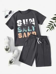 Ensemble t-shirt à manches courtes col rond avec graphique lettrage et short à cordon de serrage pour garçon préadolescent en été - Gris - Voir 1