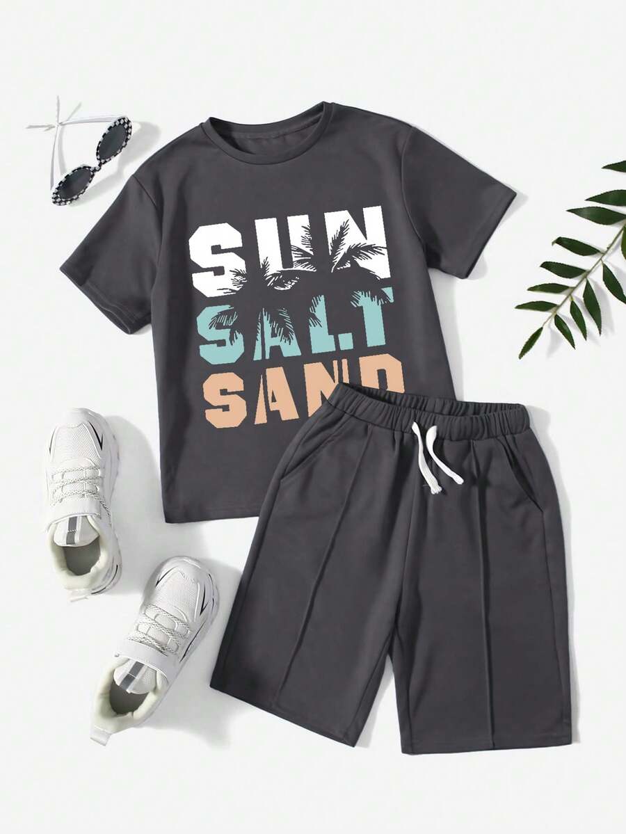 Ensemble t-shirt à manches courtes col rond avec graphique lettrage et short à cordon de serrage pour garçon préadolescent en été - Gris - Voir 1