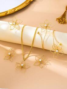1 Set Fashionable & Elegant Geometric Hollow Line Floral Rhinestone Bracelet & Ring Jewelry Set, Suitable For Vacation, Party Wear, Gift - Gold - View 2