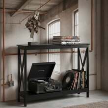 COSTWAY Industrial 2-Tier Console Table, Rustic Sofa Side Table With Storage Shelf, X-Design Bookshelf Narrow Accent Table For Entryway Hallway Living Room, Black - Black - View 3