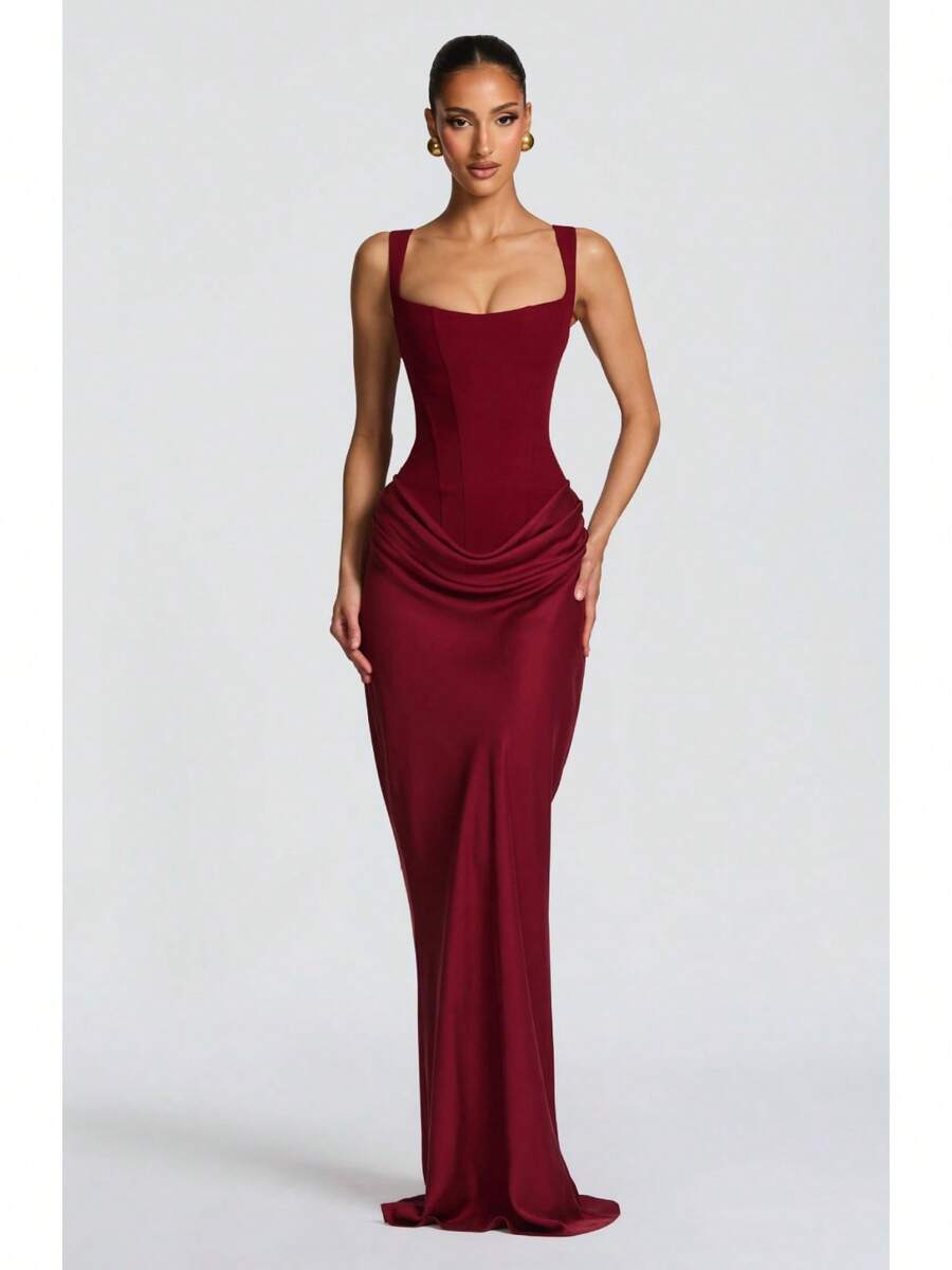 Women's New 2026 Spring Slim Fishbone Strap Dress Long Dress Solid Color Bodycon Dress - Màu Đỏ Sâu - Xem 1