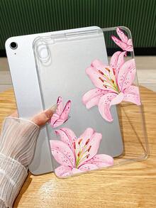 Valentine Pink Lily & Butterfly Watercolor IPad Case, Clear Transparent Soft TPU Protective Cover, Floral Aesthetic Tablet Shell, Compatible With IPad Case, Perfect For Mother's Day/Valentine's Day Gifts, Daily Study/Work Accessory, Quick Ship, Compatible With Ipad A16,Compatible With Ipad Air 11inch Case,Compatible With Ipad Case 11th Generation - Clear - View 2
