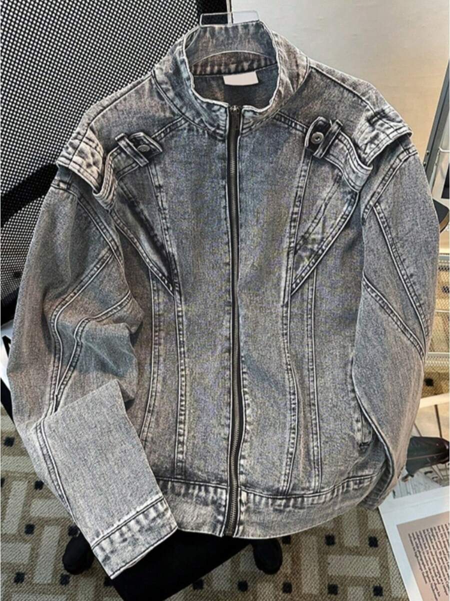 Men's American Retro Washed Stitched Denim Jacket Jacket Men's Handsome Fashion Brand Street Design Sense Motorcycle Suit - JK8636 Denim Jacket - Grey - View 1