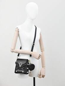 Black Rivet Flap Mini Lock Closure Mini Shoulder Bag, Korean Fashion Versatile Crossbody Bag, Chain Strap Handbag, Wide Strap Letter Print Tote Bag, Suitable For Daily Commute, Shopping, Dating And Other Occasions