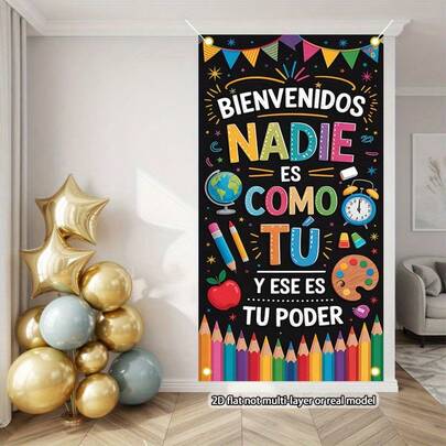 1 pieza Bandera plana 2D, 1 pieza Bandera de puerta 2D, Bandera de bienvenida en español - "No One Like You", con diseño educativo colorido, ideal para bodas, cumpleaños y decoración estacional del porche, material de poliéster, fácil de colgar en cuerda, decoración de fiesta | Letrero de bienvenida vibrante | Poliéster, Decoración de letrero de bienvenida