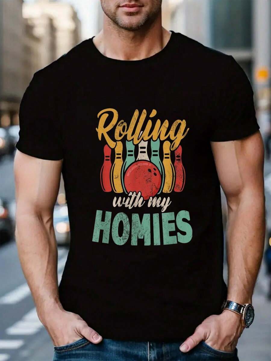 100% Cotton Rollin With My Homies Retro Bowling T-Shirt Women's Men's Black Vacation Crew Neck Short Sleeve Classic Fit Holiday T-Shirt Summer Tee - màu đen - Xem 1