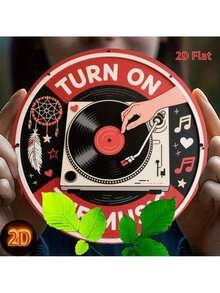 Vintage Metal Tin Sign, Retro Round Turn On Music DJ Turntable Wall Decor, 7.8 Inch 2D Flat Art For Home Garage Cafe Patio Porch - 彩色 - 查看 2