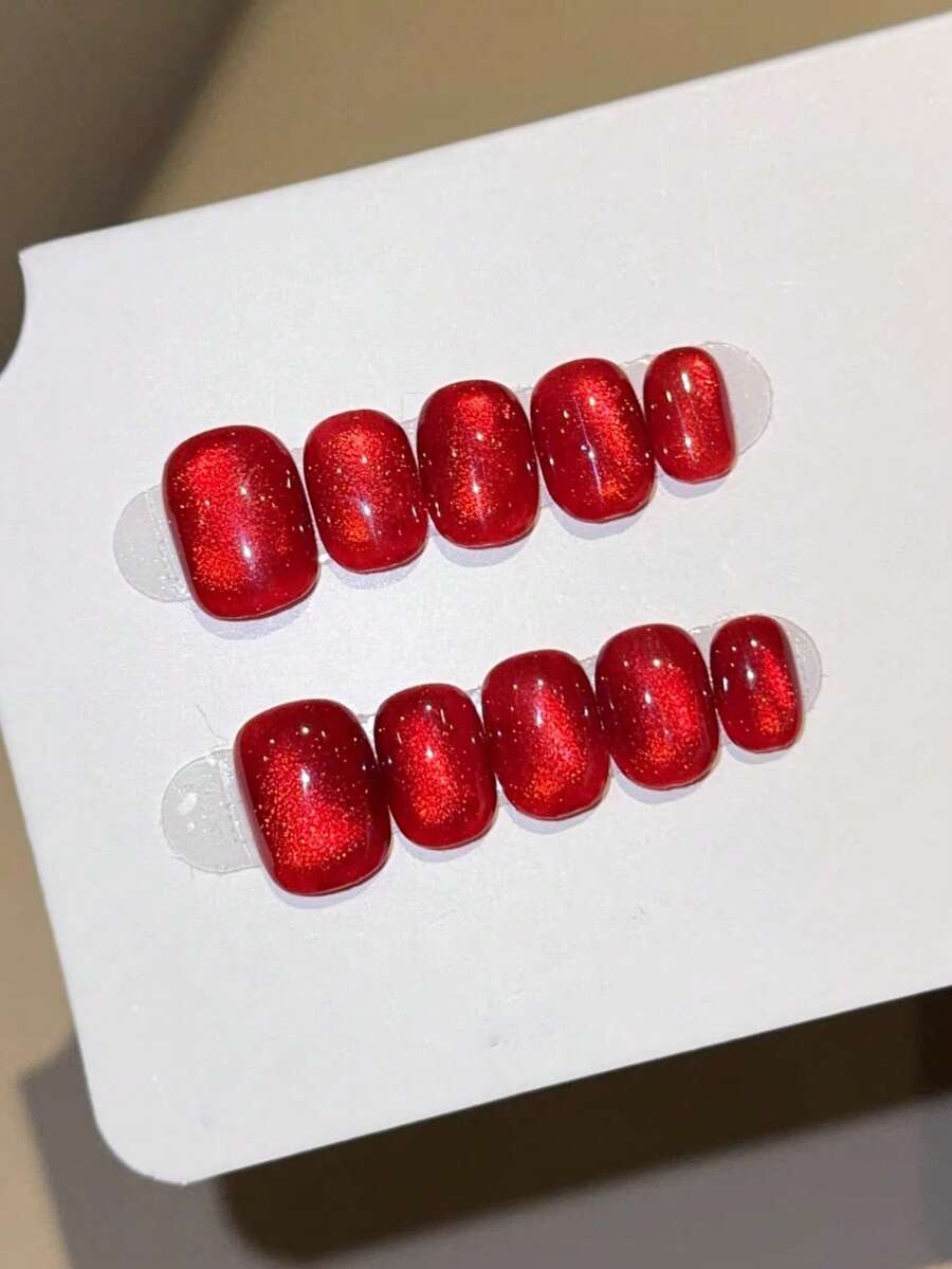 10片手工按压式美甲贴片，短椭圆形，红色，Y2K极简柔和风格，纯色猫眼，细闪，适合女性和女孩，适合度假和日常佩戴，春夏秋冬美甲用品。 - 紅色 - 查看 1