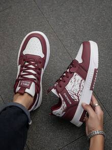 Męskie nowe, retro, kolorowe, podwyższone, codzienne, sportowe buty trekkingowe, sznurowane, z modnym wzorem litery i gałęzi, na deskorolkę, unisex - Burgund - Zobacz 3