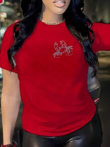 Double-Sided Printing, Ladies' T-Shirts, Ladies' -Blend T-Shirts, Independence Day, Gifts-Crabby Crab Print T-Shirt - Fun & Quirky Beach-Themed Design For Summer Outfits, Perfect For Vacation Wear And Coastal Lovers - 紅色 - 查看 4