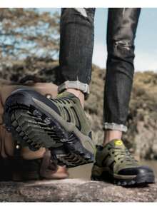 男士徒步鞋，户外登山鞋，军绿色低帮运动鞋，大码户外靴，皮革鞋面，系带，防滑橡胶鞋底，适合户外徒步、狩猎，四季皆宜 - 軍綠色 - 查看 5